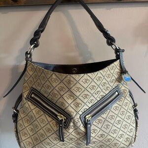 Beige Designer Women's Bag with Dark Brown Leather Accents
